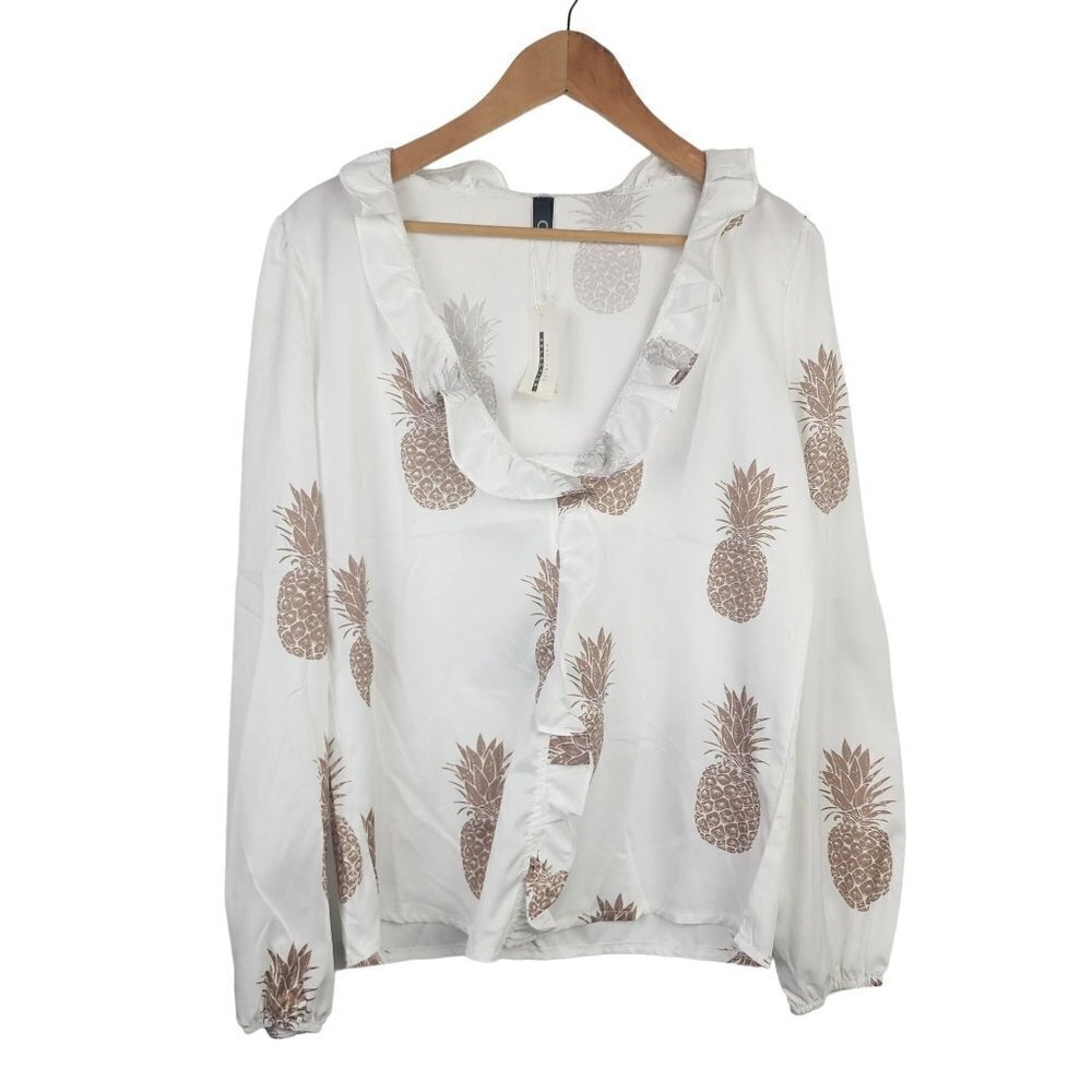 CBR Pineapple Print Pullover Blouse Ruffled Collar Women's Small